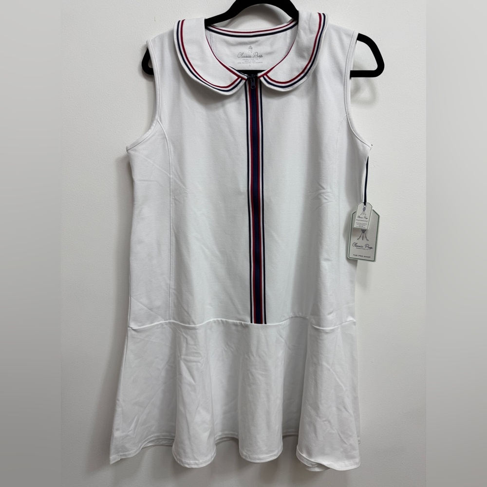 Classic Prep White Tennis Dress with Red and Blue Trim size L, mini